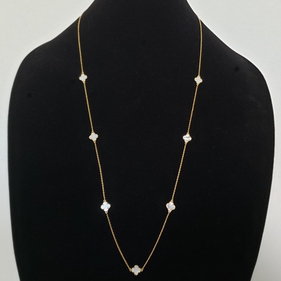Rachel Zoe Clover MOP Long Necklace Yellow Gold Plate Sterling Silver - Picture 4 of 6